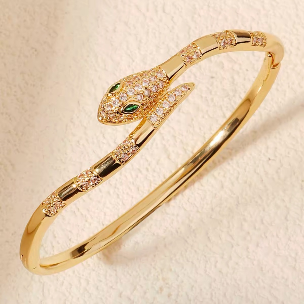 💎 New 18K Gold Plated CZ Crystal Green Eyes Snake 🐍 Bangles Cuff Bracelets
